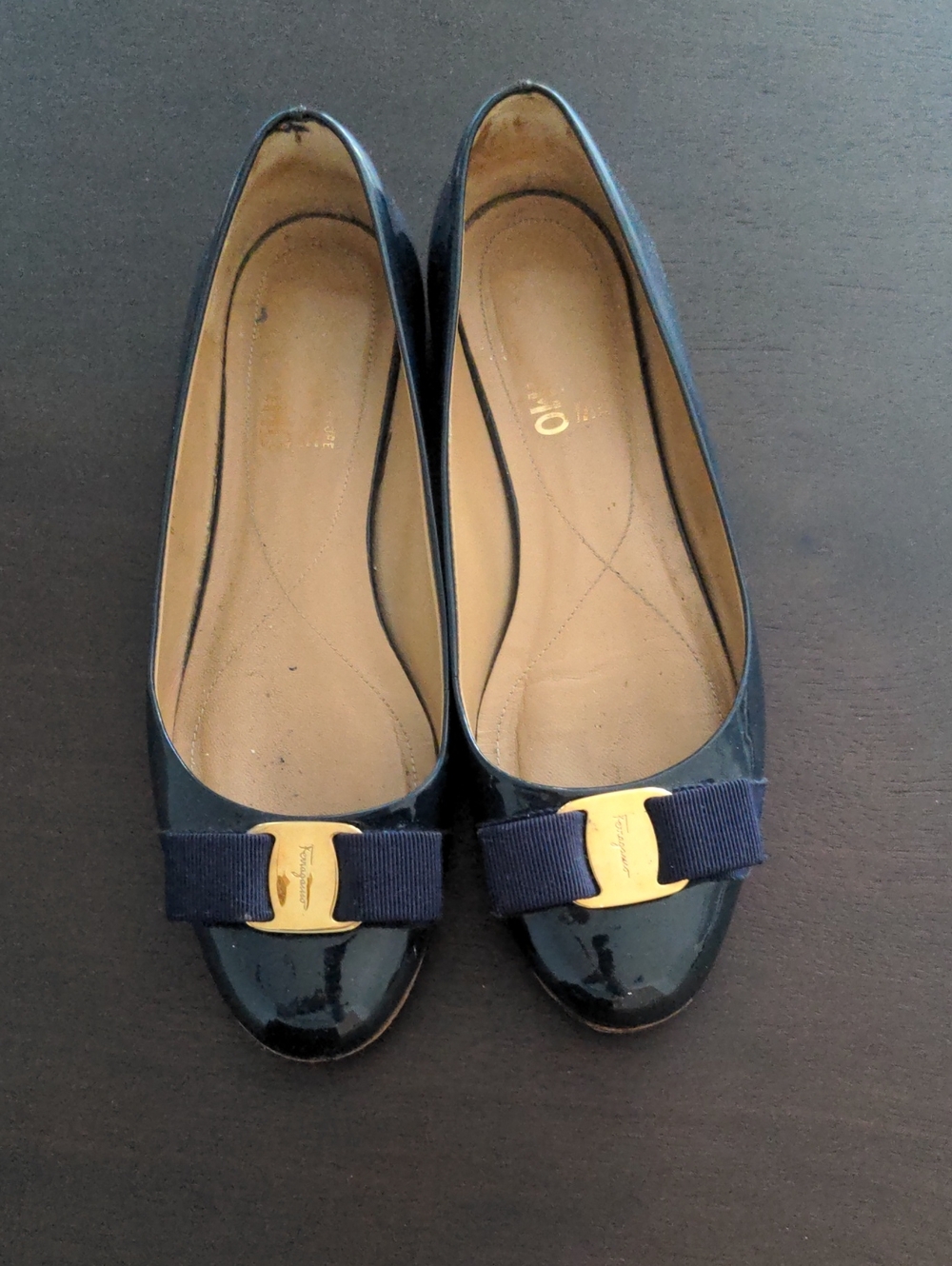Salvatore Ferragamo Black Patent Vara Bow Flats with Gold Plaque